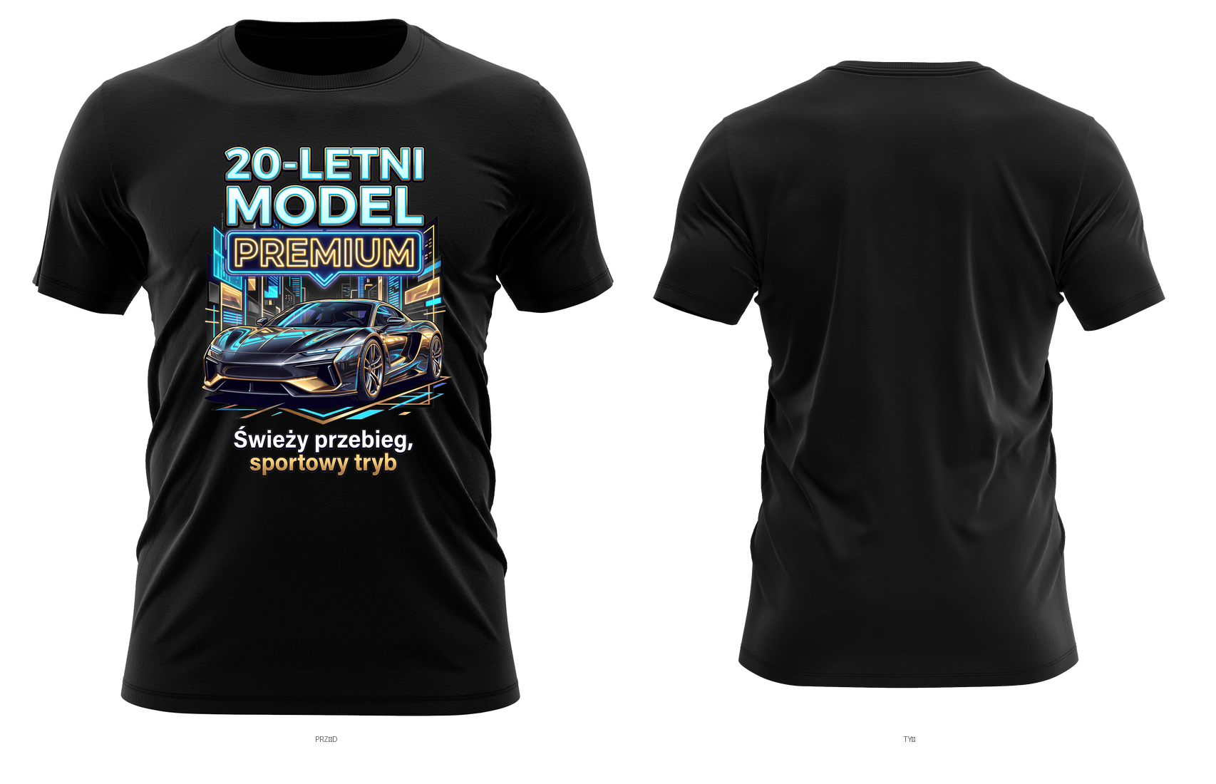 20-letni model premium (czarno-złote auto) — świeży przebieg, sportowy tryb